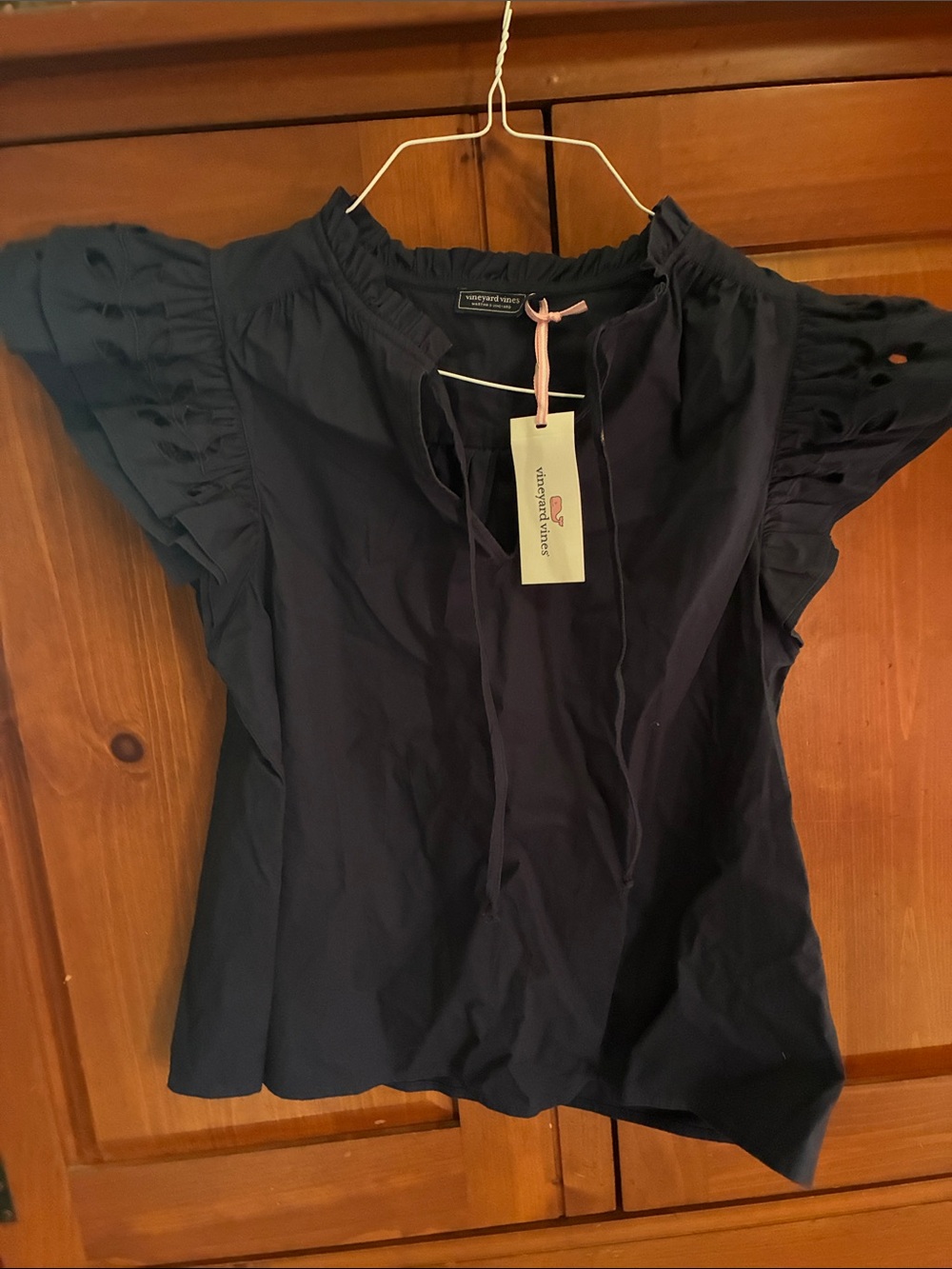 Vineyard Vines Navy Ruffle Sleeve Tie-Front Blouse